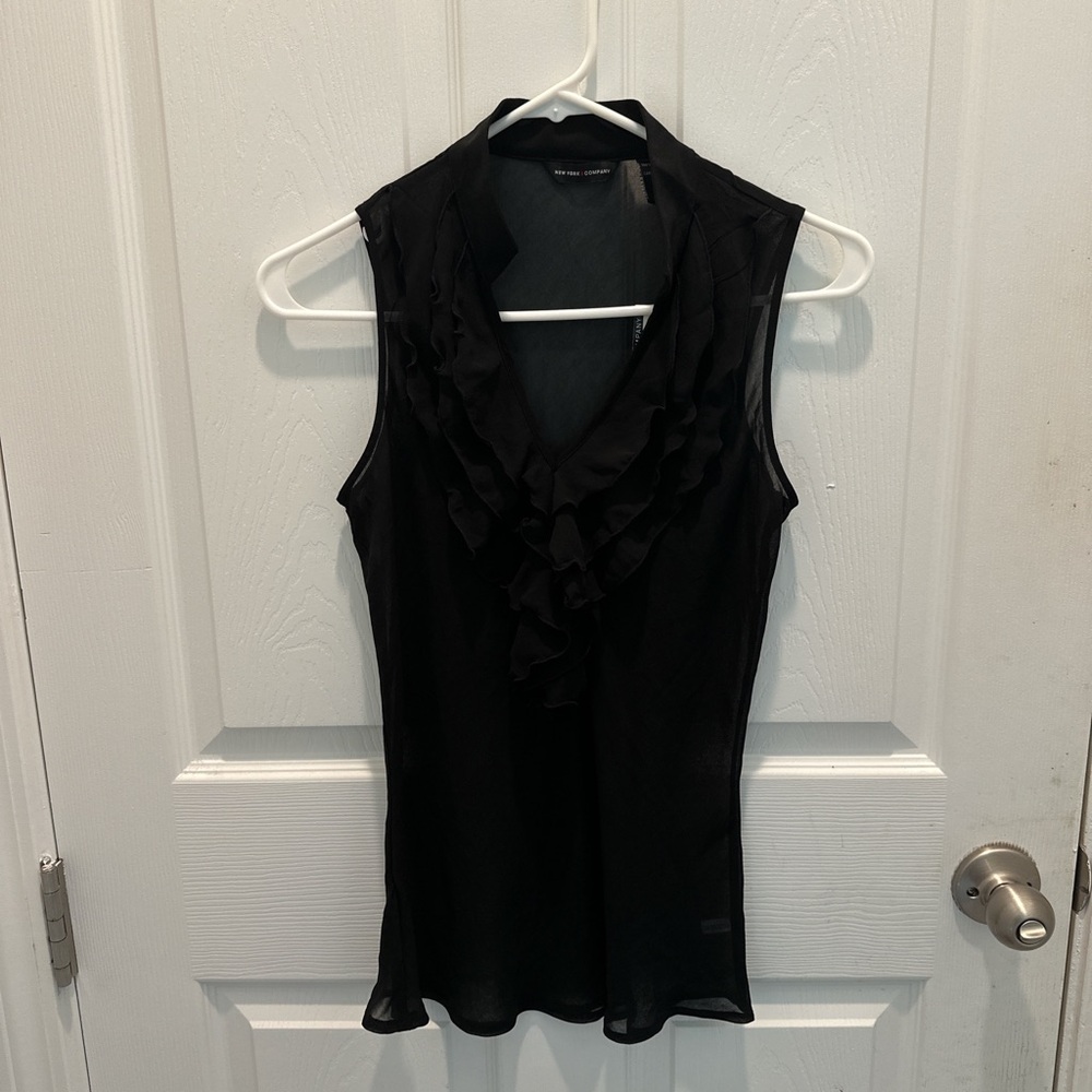New York & Company Sleeveless Black Ruffle V-Neck Top